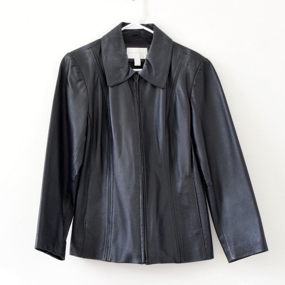 WORTHINGTON Genuine Leather Zip Up Black Moto Motorcycle Jacket | Size M